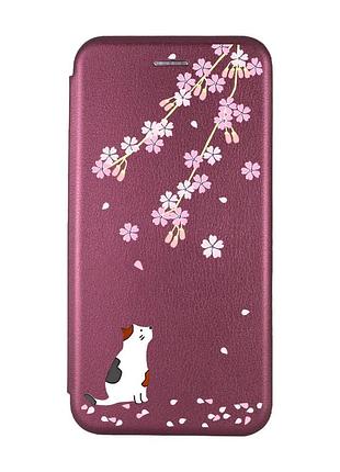 Чехол-книжка с рисунком на xiaomi redmi note 7/7 pro :: бордовый :: котик и сакура /принт 283/