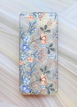 Чехол с плавающими блестками на xiaomi redmi 9a серебристый :: цветочный фон (принт 371)