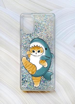Чехол с плавающими блестками на samsung galaxy a31 серебристый :: котенок акула (принт 380)