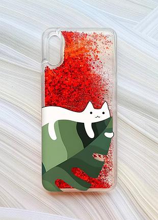 Чехол с плавающими блестками на xiaomi redmi 9a красный :: кот на листе (принт 367)