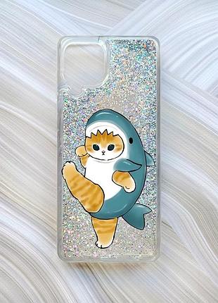 Чехол с плавающими блестками на samsung galaxy a22 4g/m22/m32 серебро :: котенок акула (принт 380)