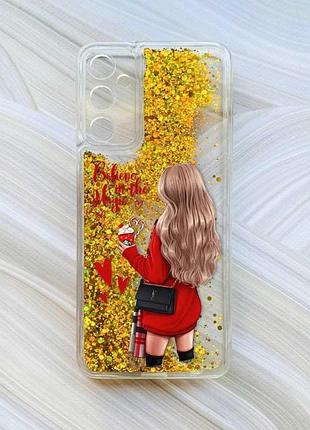 Чохол з плаваючими блискітками на samsung galaxy a34 5g (a346) золотий :: дівчина з кавою (принт 137)
