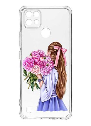 Чохол з потовщеними кутами на realme c21 :: дівчина з півоніями (принт 11)