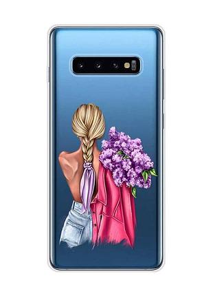 Прозрачный чехол на samsung galaxy s10 plus :: девушка с сиренью (принт 7)