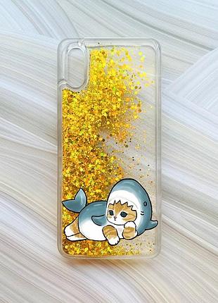 Чехол с плавающими блестками на xiaomi redmi 9a золотой :: котенок акула (принт 355)