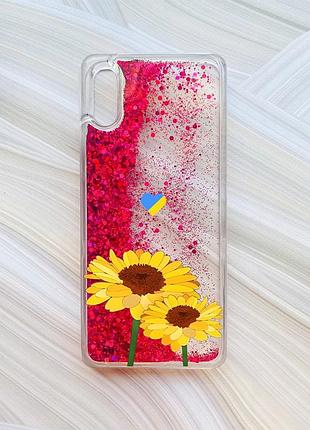 Чехол с плавающими блестками на xiaomi redmi 9a розовый :: желтые цветы (принт 364)