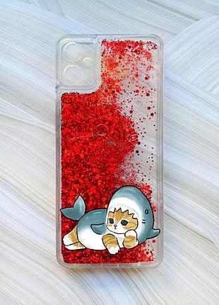 Чохол з плаваючими блискітками на samsung galaxy a05 (a055) червоний :: котик акула (принт 355)