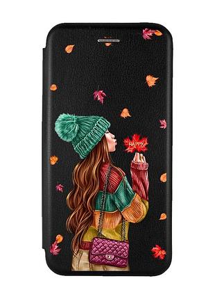 Чехол-книжка с рисунком для xiaomi redmi note 9 pro/9s/9 pro max чёрный :: девушка с листьями (принт 221)
