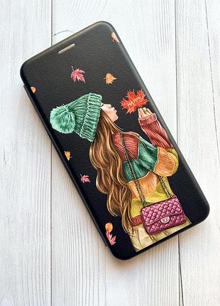 Чехол-книжка с рисунком для xiaomi redmi note 9 pro/9s/9 pro max чёрный :: девушка с листьями (принт 221) 3