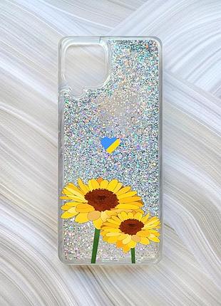 Чехол с плавающими блестками на samsung galaxy a22 4g/m22/m32 серебро :: желтые цветы (принт 364)
