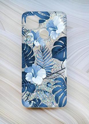 Чехол с плавающими блестками на xiaomi redmi 9c / 10a серебро тропики (принт 373)