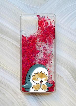 Чехол с плавающими блестками на samsung galaxy a22 4g/m22/m32 розовый :: котёнок акула (принт 376)