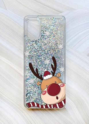 Чехол с плавающими блестками на samsung galaxy a31 серебристый зимний оленёнок (принт 155)
