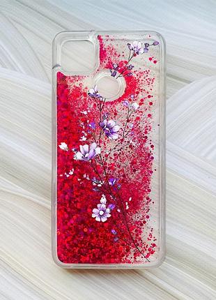 Чехол с плавающими блестками на xiaomi redmi 9c / 10a розовый веточка цветов (принт 278)