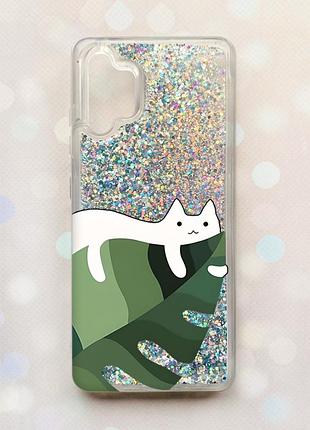 Чохол з плаваючими блискітками samsung galaxy a32 срібний :: кіт на листку (принт 367)