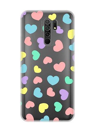 Прозорий чохол на xiaomi redmi 9 :: різнокольорові сердечка (принт 335)