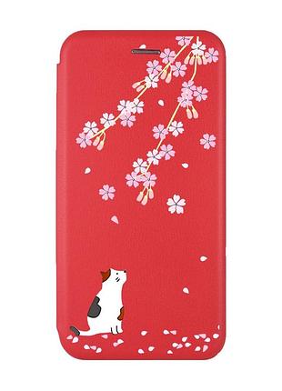 Чохол-книжка з малюнком на xiaomi redmi note 7/7 pro :: червоний :: котик і сакура /принт 283/