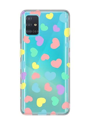 Прозрачный чехол на samsung galaxy a51 разноцветные сердечка (принт 335)