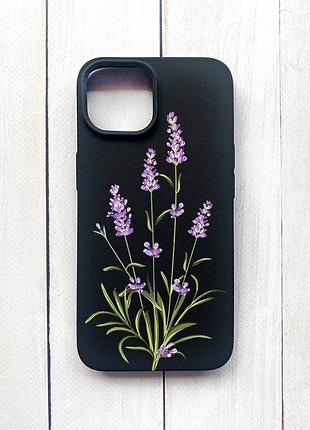Матовый чехол на iphone 15 черный веточки лаванды (принт 266)