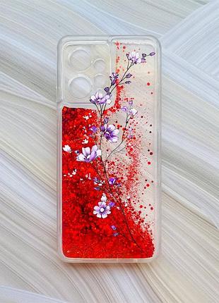 Чехол с плавающими красными блестками на xiaomi redmi note 12 4g веточка цветов (принт 278)