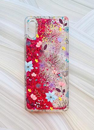 Чехол с плавающими блестками для xiaomi redmi 9a розовый цветочный фон (принт 267)