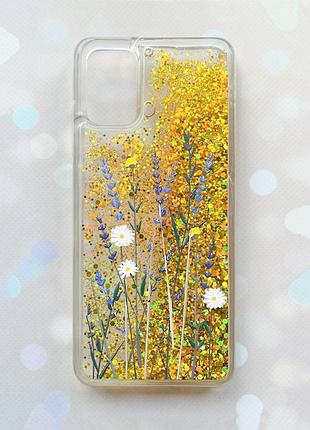 Чохол з плаваючими блискітками для samsung galaxy a03s (a037) золотий :: польові квіти (принт 270)
