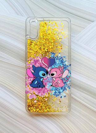 Чохол з плаваючими блискітками на xiaomi redmi 9a золотий стіч і ангел (принт 391)
