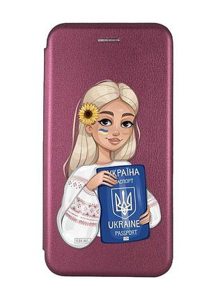 Чехол-книжка с рисунком для xiaomi redmi note 13 4g бордовый :: девушка с паспортом (принт 13)