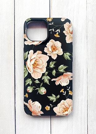 Матовый чехол на iphone 15 черный :: цветы пастельные (принт 277)