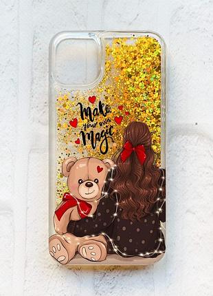 Чехол с плавающими блестками на iphone 11 :: золотой :: девушка с мишкой (принт 188)