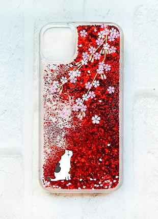 Чехол с плавающими блестками на iphone 11 :: красный :: котик и сакура (принт 283)