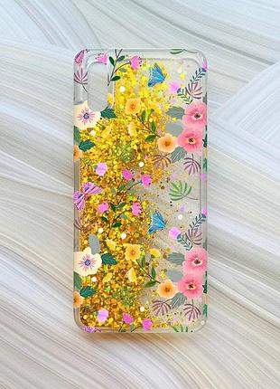 Чехол с плавающими блестками на xiaomi redmi 9a золотой :: цветочный фон (принт 369)