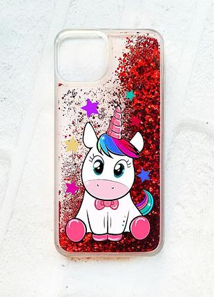 Чехол с плавающими блестками на iphone 14 красный :: единорог (принт 102)