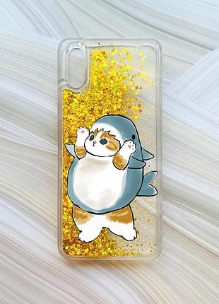 Чехол с плавающими блестками на xiaomi redmi 9a золотой котенок акула (принт 379)