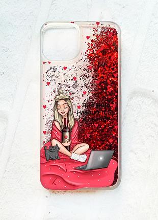 Чехол с плавающими блестками на iphone 13 :: красный :: девушка с вином (принт 220)