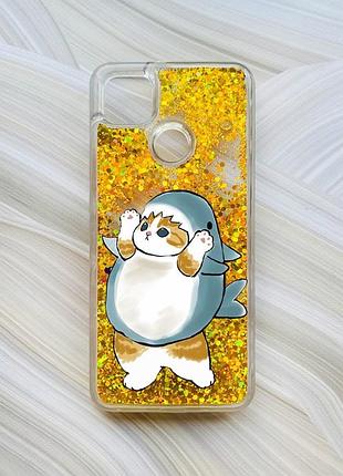 Чехол с плавающими блестками на xiaomi redmi 9c / 10a золотой котенок акула (принт 379)