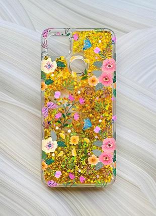 Чехол с плавающими блестками на xiaomi redmi 9c / 10a золотой :: цветочный фон (принт 369)