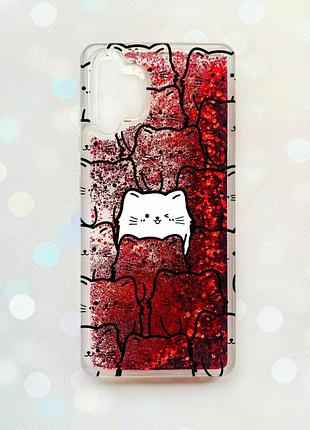 Чехол с плавающими блестками на samsung galaxy a32 красный котики (принт 392)