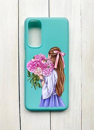 Матовий чохол на samsung galaxy m54 бірюзовий :: дівчина з півоніями (принт 11)