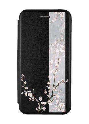 Чехол-книжка черный с рисунком на xiaomi redmi note 12 цветущая сакура (принт 285)