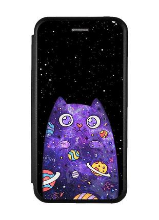 Чехол-книжка с рисунком для samsung galaxy a12 чёрный :: фиолетовая кошка (принт 361)