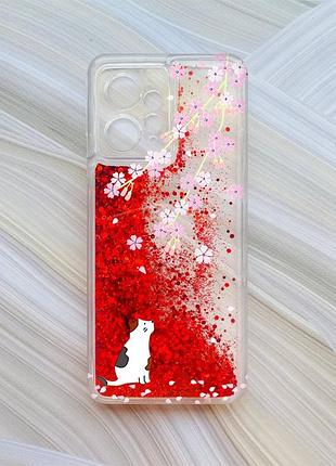 Чехол с плавающими красными блестками на xiaomi redmi note 12 4g котик и сакура (принт 283)