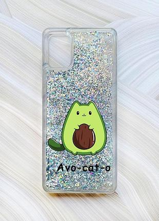 Чохол з плаваючими блискітками на samsung galaxy a31 сріблястий котик авокадо (принт 306)