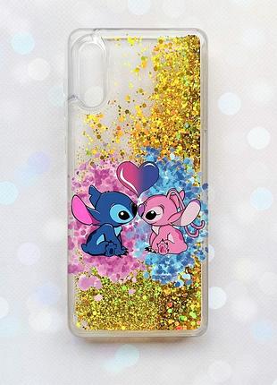 Чехол с плавающими блестками на samsung galaxy a02 / a022 (2021) золотой стич и ангел (принт 391)