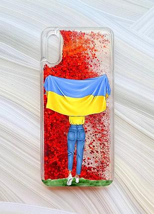 Чехол с плавающими блестками для xiaomi redmi 9a красный девушка с флагом (принт 263)