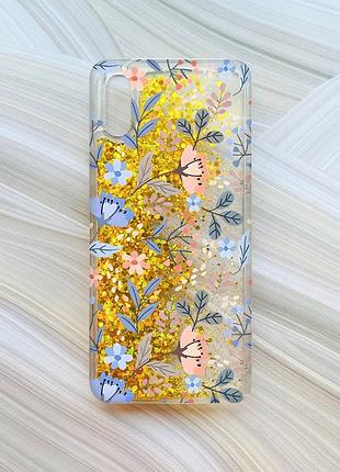 Чехол с плавающими блестками на xiaomi redmi 9a золотой :: цветочный фон (принт 371)