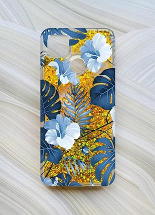 Чехол с плавающими блестками на xiaomi redmi 9c / 10a золотой тропики (принт 373)