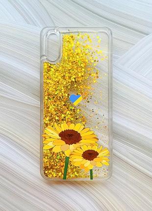 Чехол с плавающими блестками на xiaomi redmi 9a золотой :: желтые цветы (принт 364)
