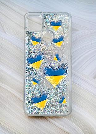 Чехол с плавающими блестками на xiaomi redmi 9c / 10a серебро сердечка. украина (принт 258)