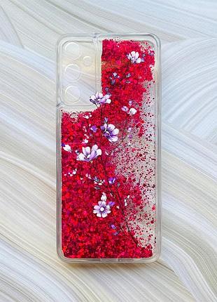 Чехол с плавающими блестками на samsung galaxy a05s (a057) розовый веточка цветов (принт 278)